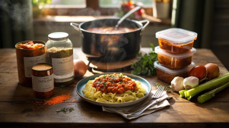 Illustration of lentil bolognese served over pasta as a budget-friendly family dinner.