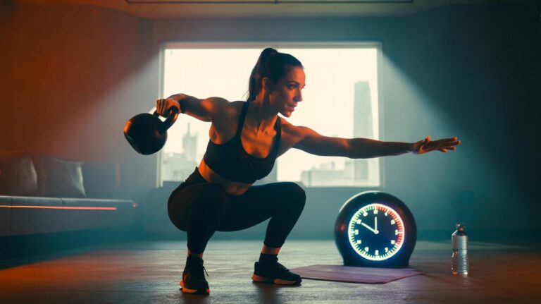 Illustration of a person performing a 10-minute high-intensity kettlebell circuit at home with a timer on the floor