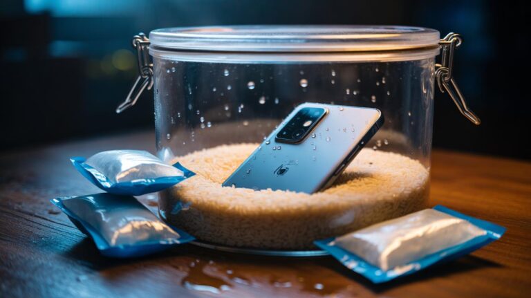 Illustration of [a powered-off smartphone buried in dry rice inside a sealed container with silica gel packets, demonstrating moisture absorption to dry a wet device overnight]