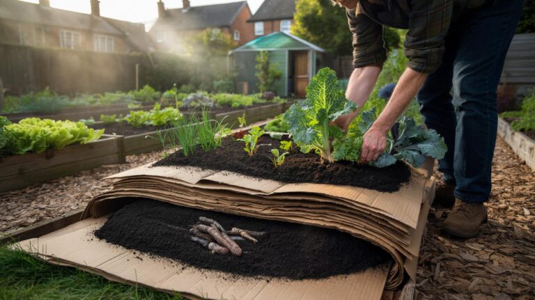 Illustration of the no-dig gardening technique in a UK garden, with overlapping cardboard, a layer of peat-free compost, and surface mulch creating productive beds with minimal effort