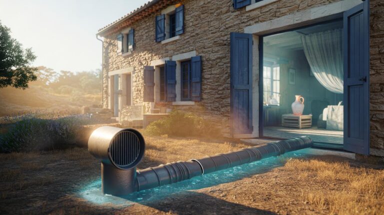 Illustration of a French home using a Napoleonic-era Provençal well cooling system with buried ground pipes to pre-cool incoming air during a heatwave