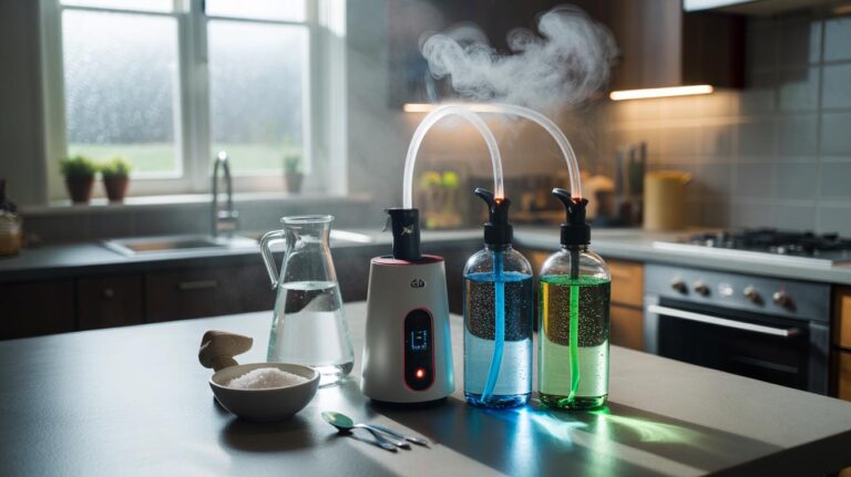 Illustration of table salt and water being converted by a small home electrolysis device into two household cleaning sprays labelled Clean and Sanitise