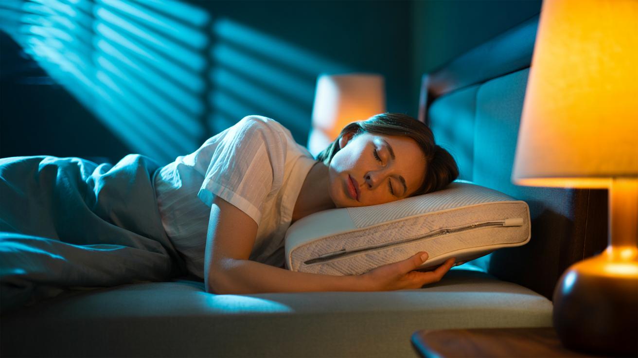 Illustration of a sleeper adjusting an adjustable-loft pillow to maintain neutral spine alignment and reduce neck pain and snoring