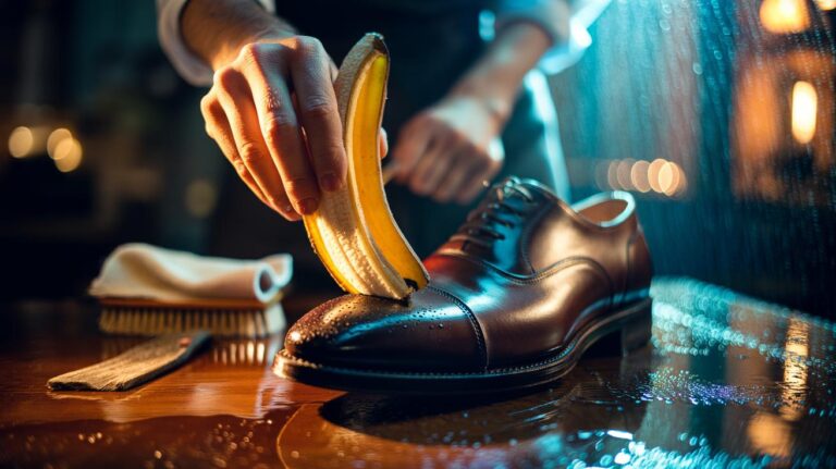 Illustration of using a banana peel to polish a leather shoe and remove scuffs