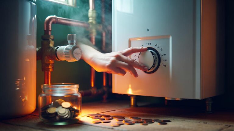 Illustration of a homeowner lowering a condensing boiler’s flow temperature setting to around 55–60°C to cut energy use and household bills