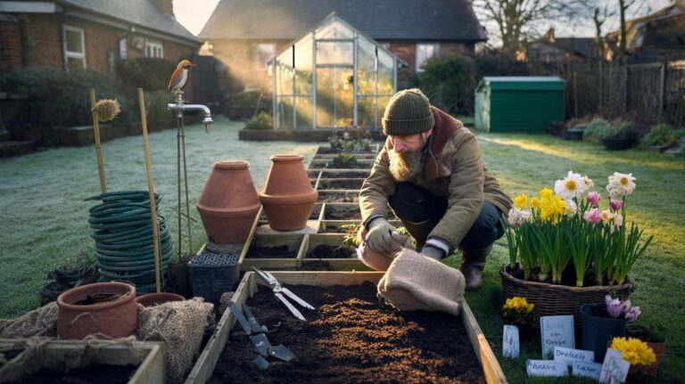 Illustration of gardeners preparing a UK garden for winter by auditing plants, mulching beds, and wrapping containers against frost