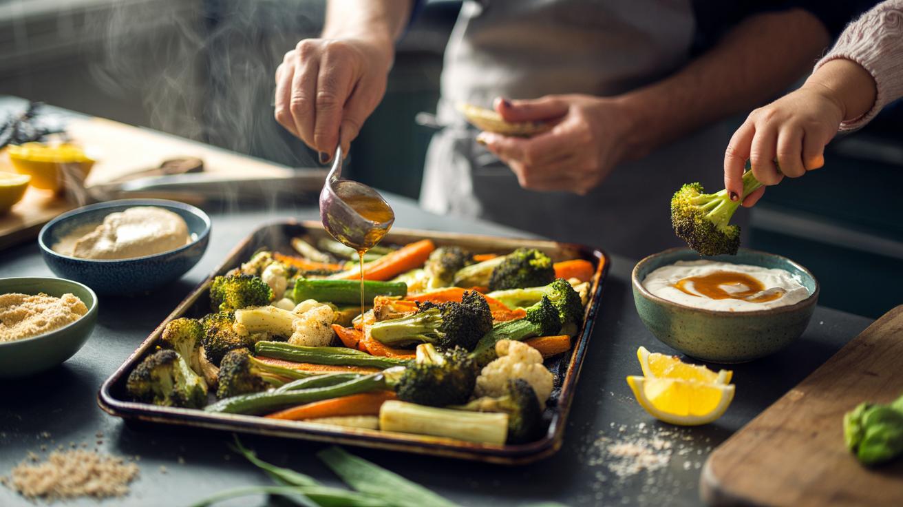 Illustration of the chefs’ no-fail blanch, roast and finish method for kid-approved, caramelised vegetables served with simple dips