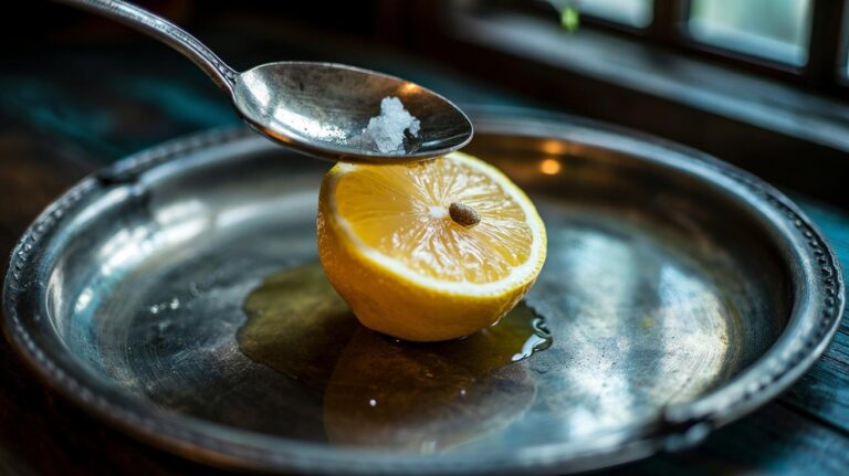 Illustration of a lemon half polishing tarnished silver to a shiny finish using citric acid