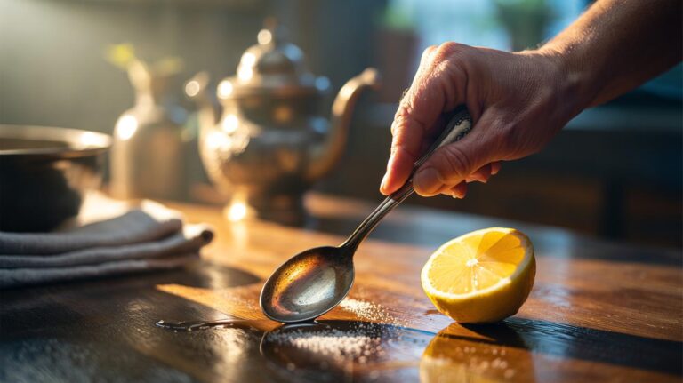 Illustration of a lemon half polishing tarnished silver cutlery to a bright shine