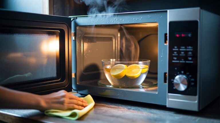 Illustration of a microwave interior with a glass bowl of water and lemon halves steaming to loosen grime