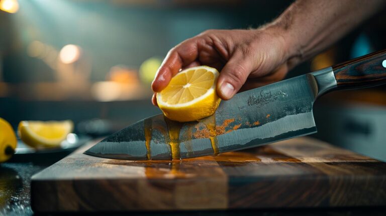 Illustration of a lemon slice rubbed on a rust-stained knife blade to dissolve oxidation