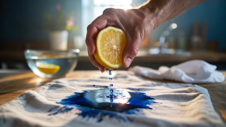 Illustration of a hand applying lemon juice to a fresh ink stain on fabric, showing citric acid breaking down pigment