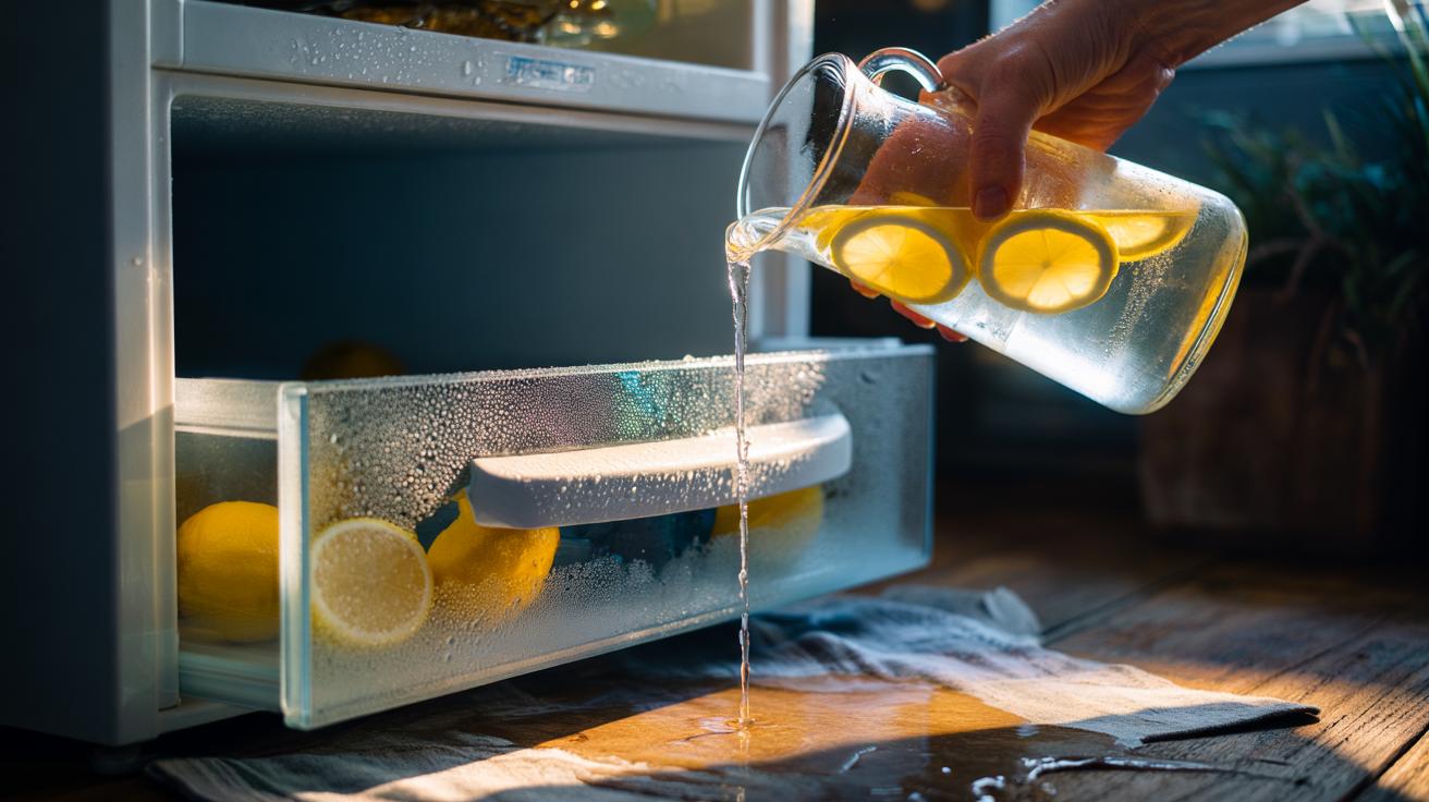 Illustration of warm lemon water applied to a stuck freezer drawer to loosen ice
