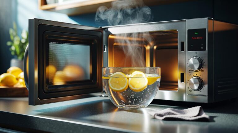 Illustration of a microwave with a steaming bowl of water, lemon zest, and lemon halves, as aromatic citrus oils neutralise odours in a five-minute deodorising cycle