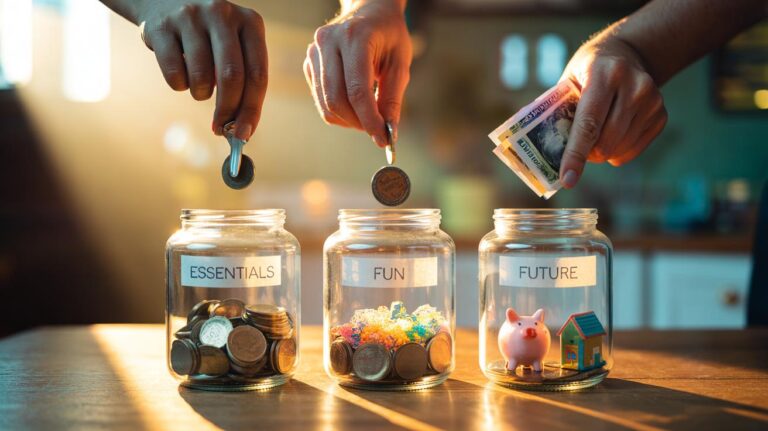 Illustration of three glass jars labeled Essentials, Fun, and Future with money being divided between them