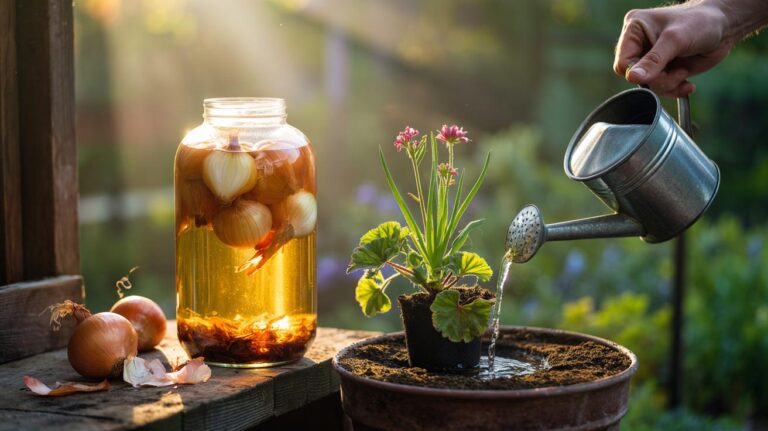 Illustration of onion skins steeping in water to make a potassium-rich plant tonic applied to wilted houseplants to revive them into vibrant blooms