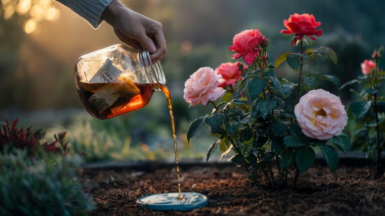 Illustration of leftover tea bags brewed into a mild tannin solution being applied at the base of rose bushes to improve soil conditions and bloom vitality