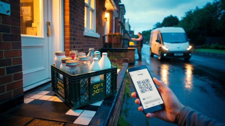 Illustration of a UK refill-and-return grocery shopping system using reusable, QR-coded containers with app deposits and doorstep collection