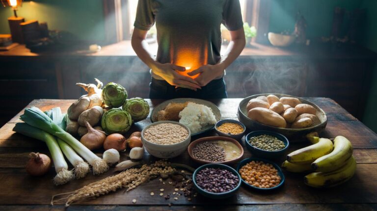 Illustration of prebiotic fiber–rich foods—onions, garlic, leeks, oats, beans, and green bananas—supporting a healthy gut microbiome