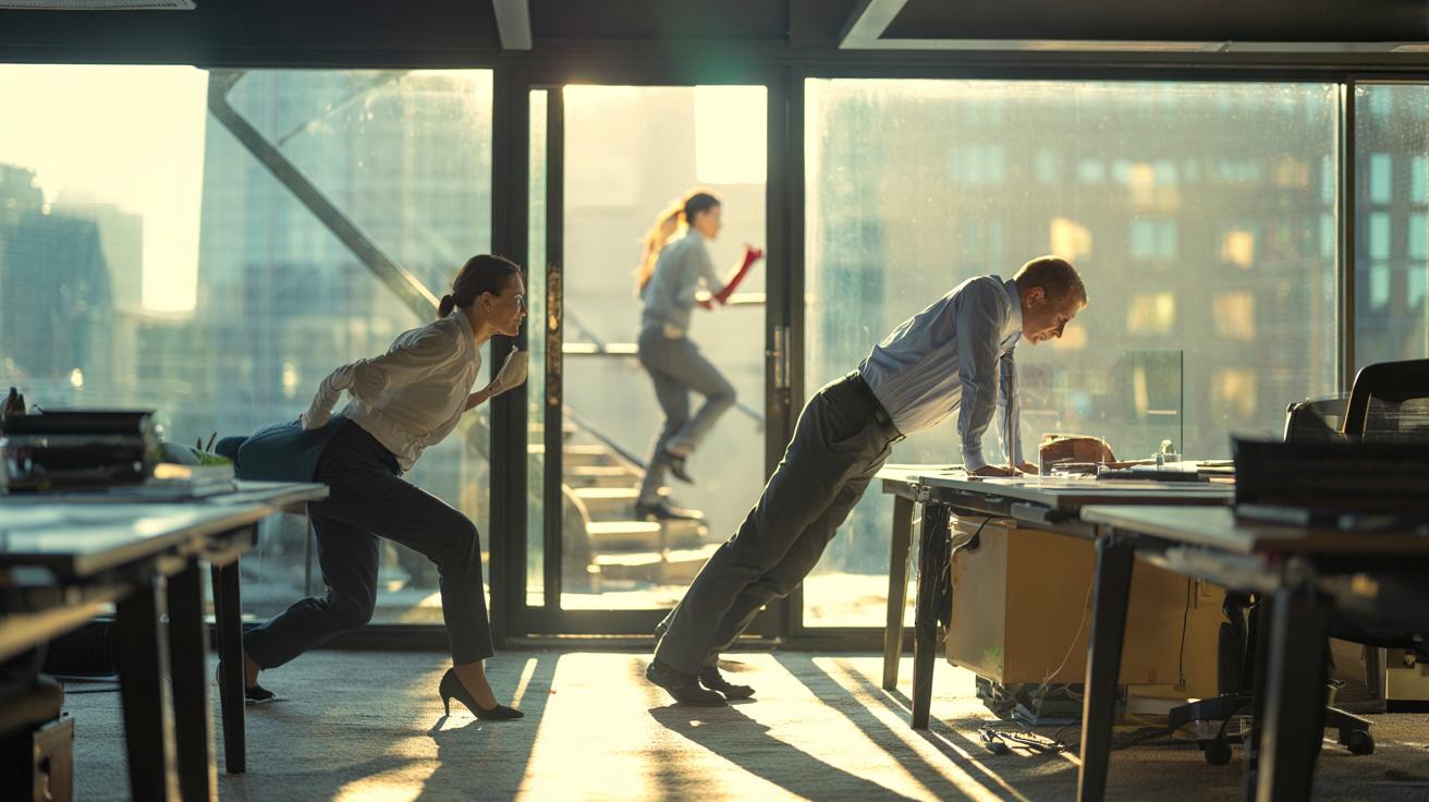Illustration of office workers taking a 90-second exercise break with squats and stair climbs between desk tasks to boost productivity