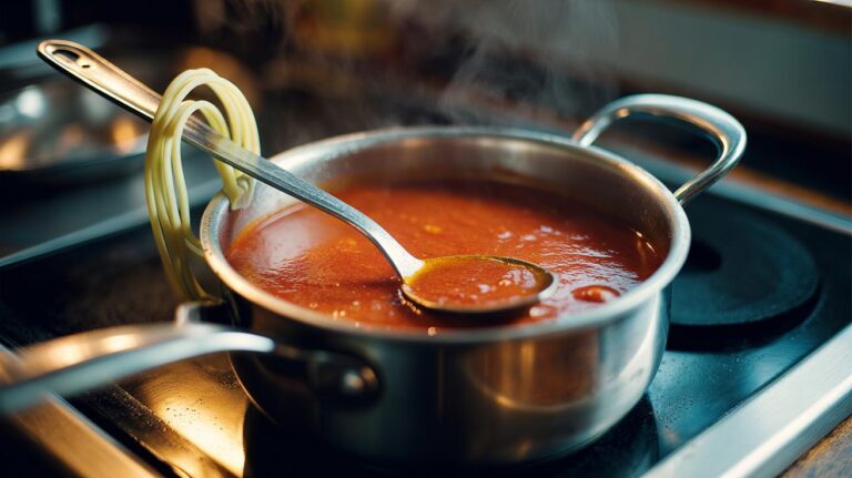 Illustration of a rubber band wrapped around a spoon handle resting on a pot rim to prevent the utensil from slipping into the soup