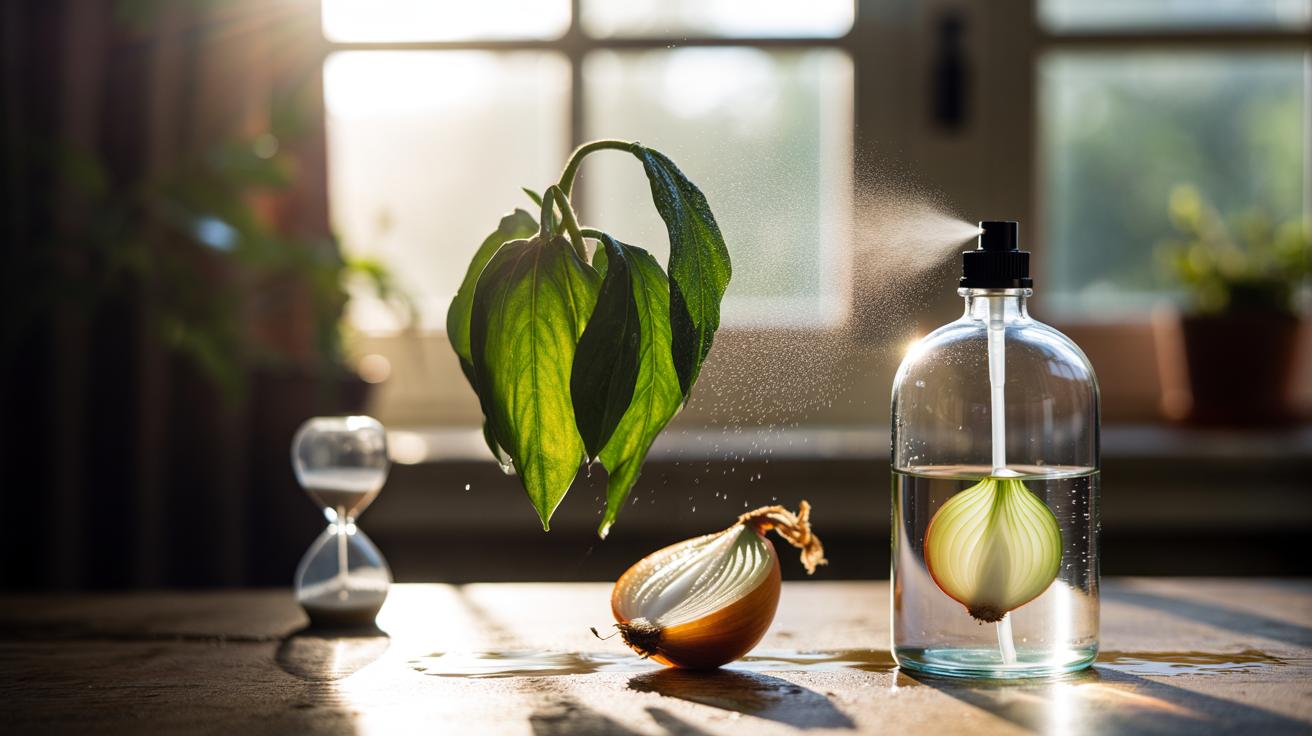 Illustration of a wilting houseplant being lightly misted with diluted onion juice, as sulphur compounds trigger rapid leaf recovery in under five minutes
