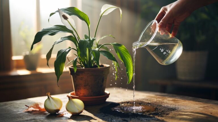 Illustration of diluted, sulphur-rich onion juice being poured onto the soil of a wilting houseplant to quickly restore leaf turgor