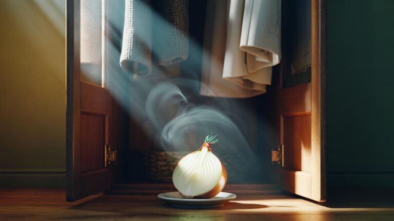 Illustration of a fresh onion slice on a saucer inside a closed wardrobe to neutralise musty odours using natural enzymes
