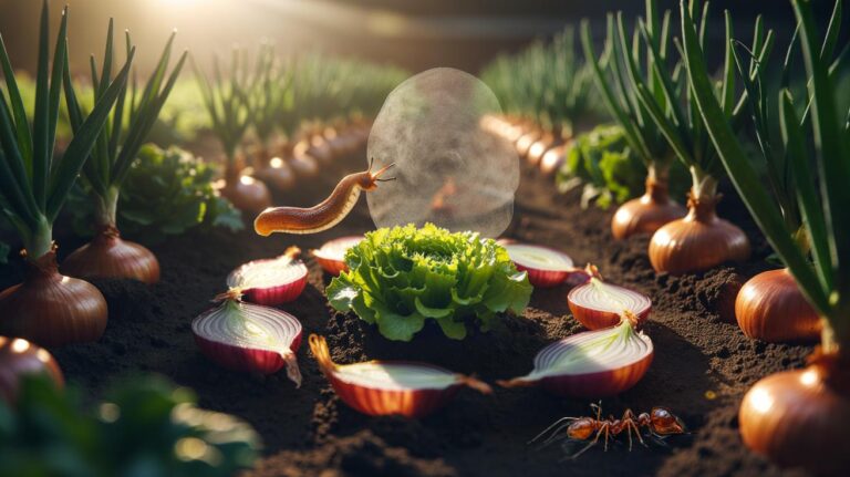 Illustration of onion slices encircling young garden plants to repel pests using sulphurous oils
