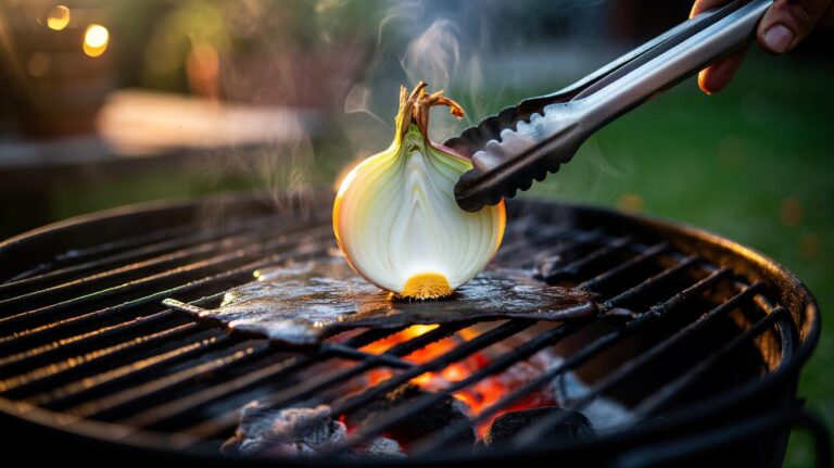 Illustration of a halved onion held with tongs scrubbing hot BBQ grill grates as natural enzymes in the juices loosen char and grime