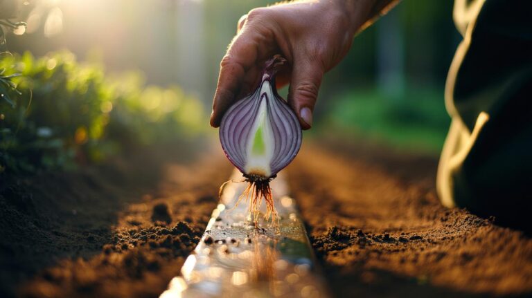 Illustration of an onion wedge swiped across a flat soil face revealing hidden root lines within five minutes