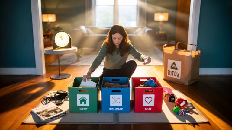 Illustration of [a person applying the Sweep-and-Stage decluttering method with three labeled boxes (Keep Here, Rehome, Out), a visible staging area, and a running timer in a living room]