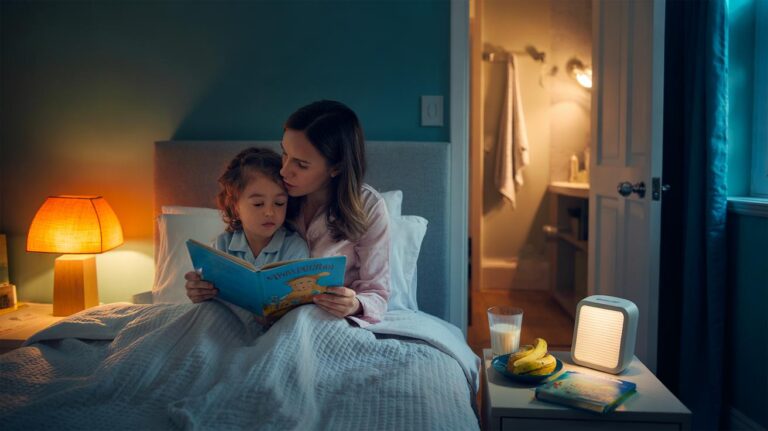 Illustration of parents guiding a consistent bedtime routine—dimmed lights, warm bath, pyjamas, small snack, and a bedtime story—helping a child sleep through the night