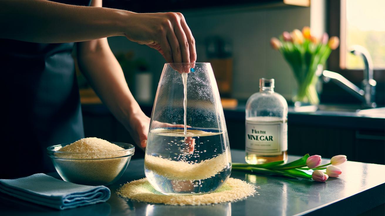 Rice cleaning hack makes cloudy vases crystal clear : how gentle abrasion erases mineral deposits swiftly