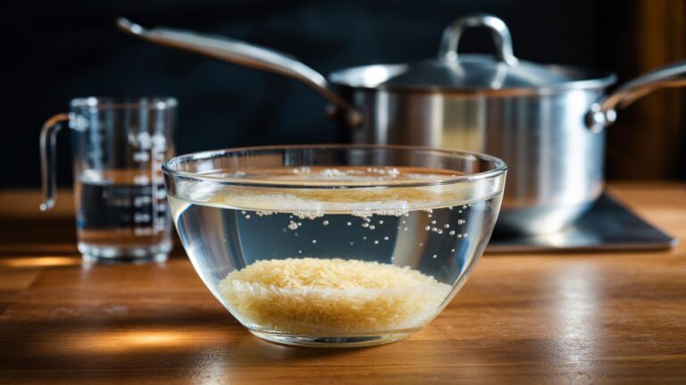Illustration of rice grains soaking in cold water before cooking to prevent clumping and produce fluffy, separate grains
