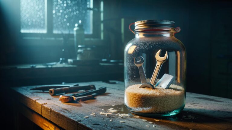 Illustration of hand tools sealed in an airtight container with uncooked rice to absorb moisture and prevent rust overnight