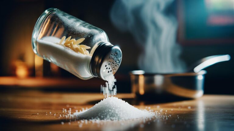 Illustration of rice grains in a salt shaker absorbing moisture to prevent salt clumping