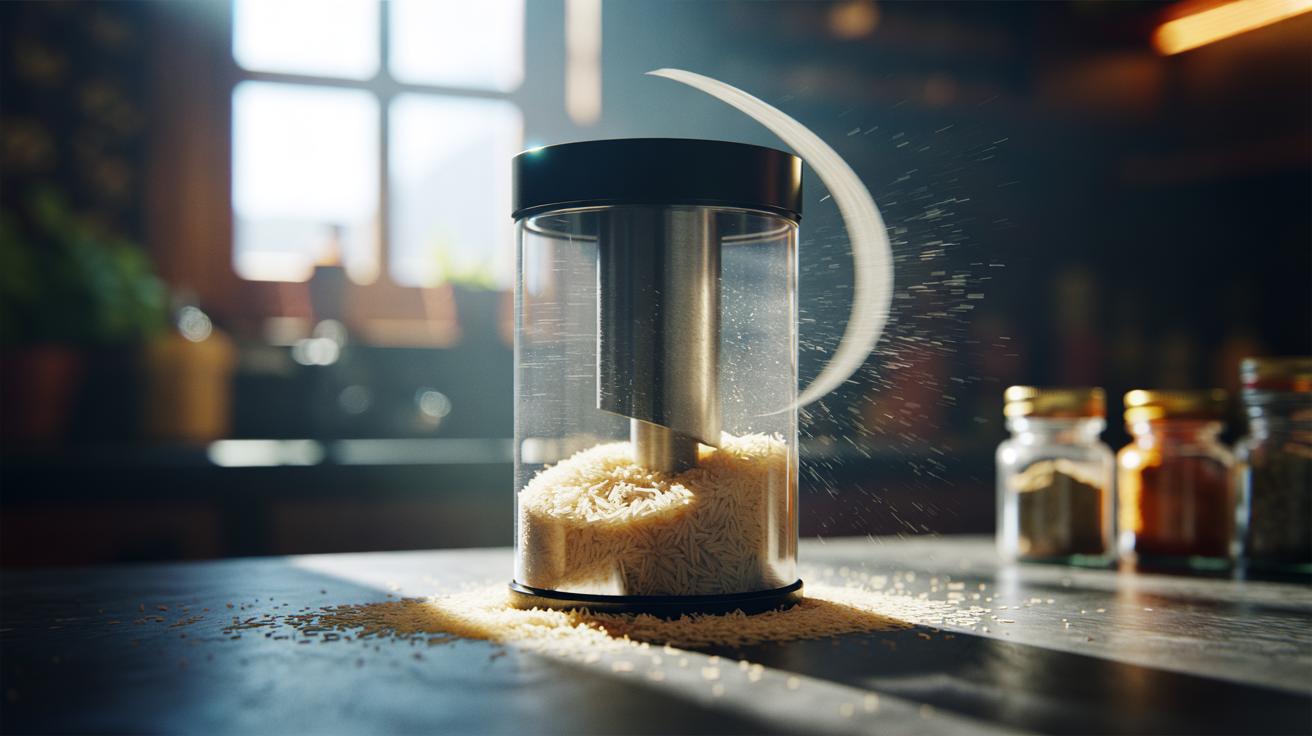 Illustration of uncooked rice being pulsed in a blade-style spice grinder to hone and clean the blades