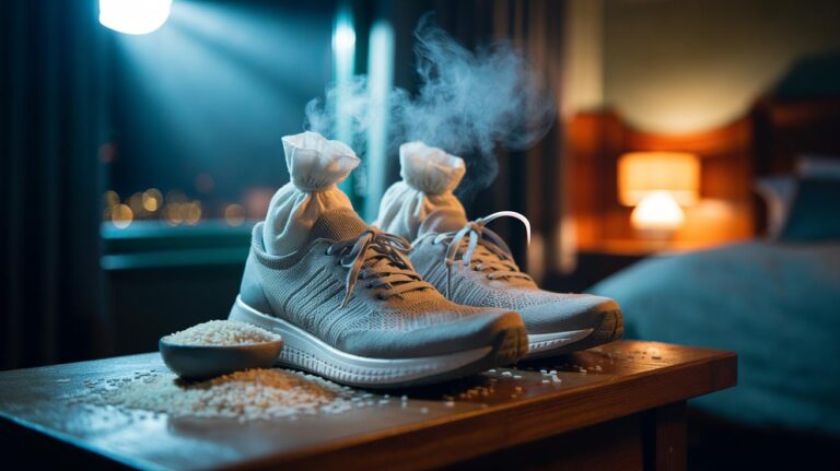 Illustration of uncooked rice in cotton sock sachets placed inside trainers overnight to draw out moisture and odour