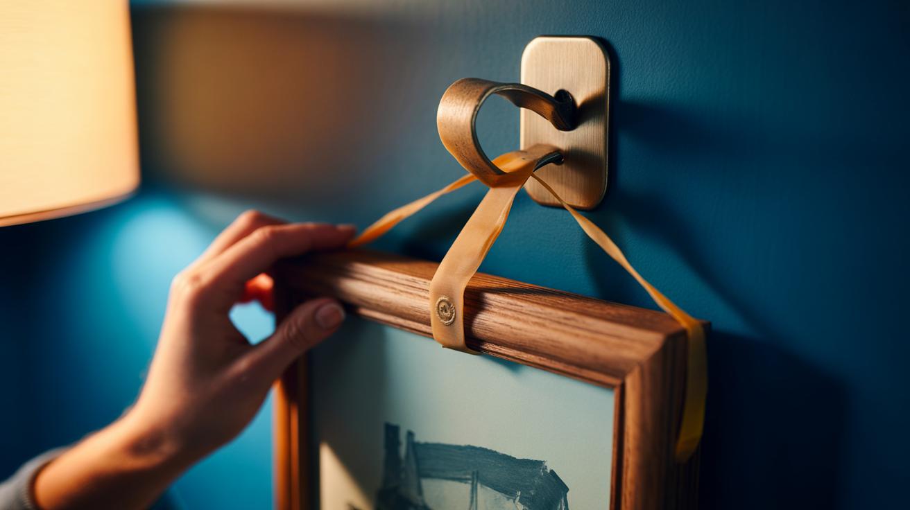 Illustration of a rubber band looped around a wall hook and frame hanger to add tension and straighten a crooked picture frame without tools