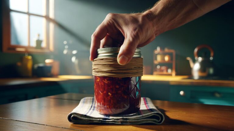 Illustration of a hand using a rubber band loop around a jar lid to increase grip and twist it open