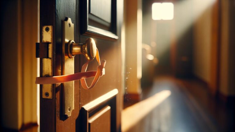 Illustration of a rubber band looped over a doorknob and stretched across the latch to reduce door slamming