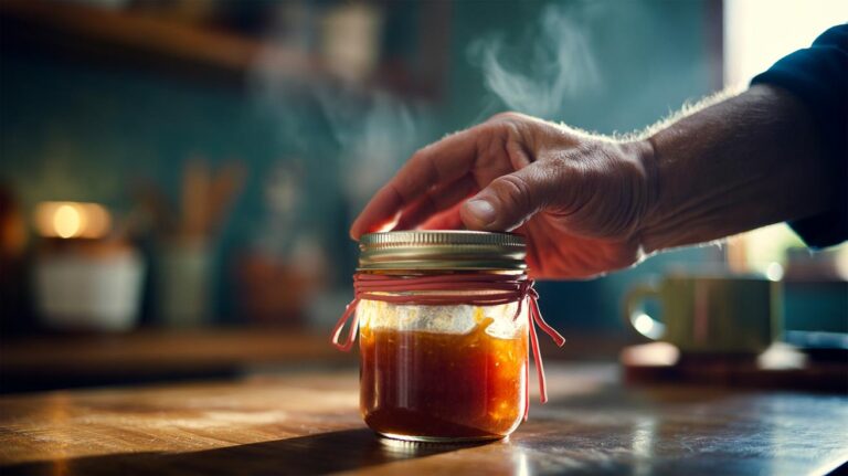 Illustration of a hand using a rubber band around a jar lid to create a no-slip grip for easy opening