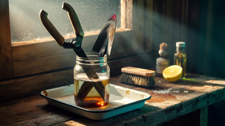 Illustration of rusty garden tools soaking overnight in a salt and vinegar solution to remove rust.