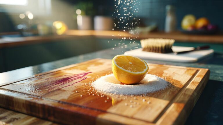 Illustration of coarse salt being sprinkled and scrubbed on a cutting board to sanitise and lift bacteria and grime