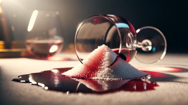 Illustration of salt granules absorbing a fresh red wine spill on a pale carpet