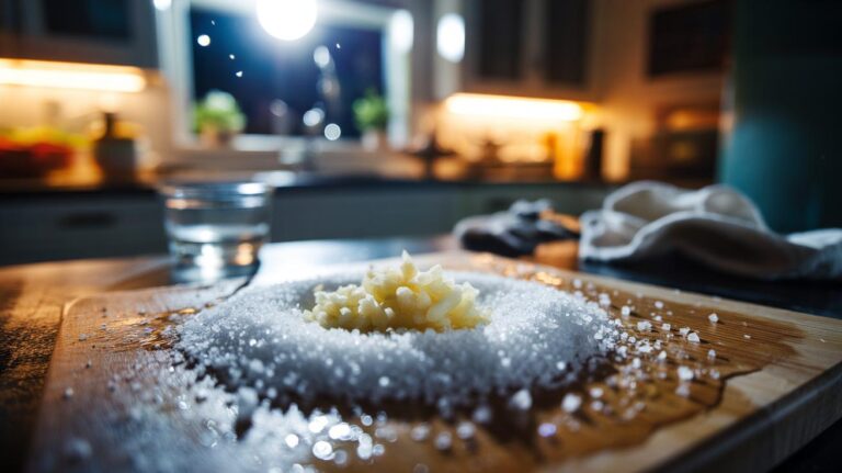 Illustration of coarse salt crystals on a wooden chopping board with garlic cloves, showing overnight odour neutralisation through crystal absorption