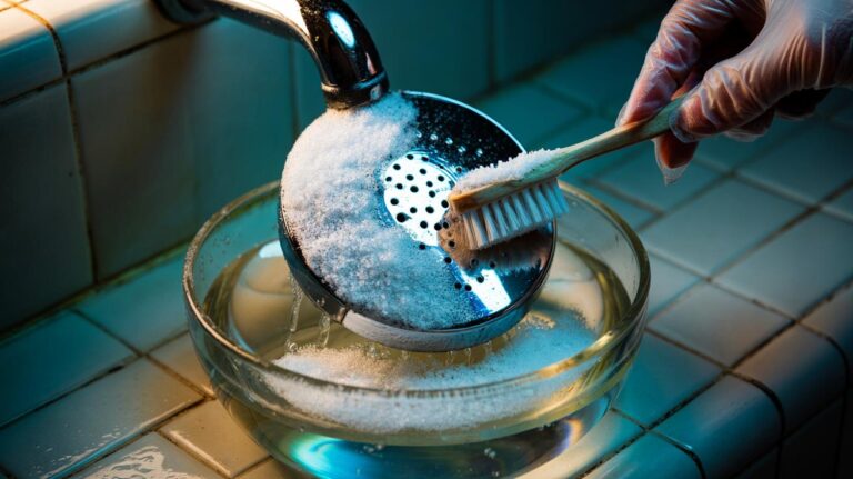 Illustration of a showerhead being descaled with coarse salt and vinegar, grains scrubbing limescale from the nozzles