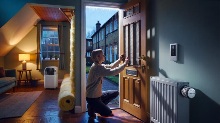 Illustration of a British home being winter-proofed with draught-proofing, loft insulation, TRV-controlled radiators, pipe lagging, and a smart thermostat to cut heat loss and damp.
