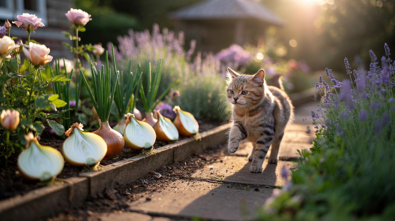 Illustration of onion slices arranged in a flower bed deterring a cat through their strong scent